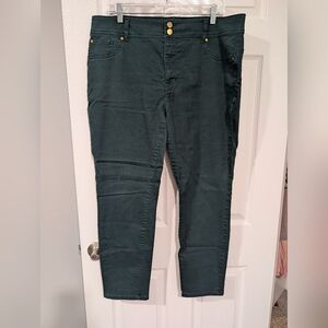 IMAN Dark Green High Rise Skinny Pants with Gold Button Accents in Size 20W